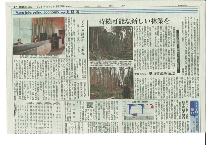 未利用山林・里山の再生　㈱ＣＯ２さんの取り組みが新聞掲載されました
